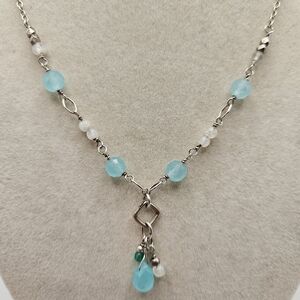 Artisan Dainty Aqua Teardrop Beaded Silver Tone Y-Drop Necklace Heart Toggle